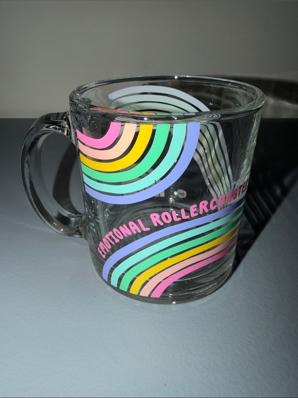 TOOT Clear Glass Mug with Rainbow Retro Stripes - "Emotional Rollercoaster"